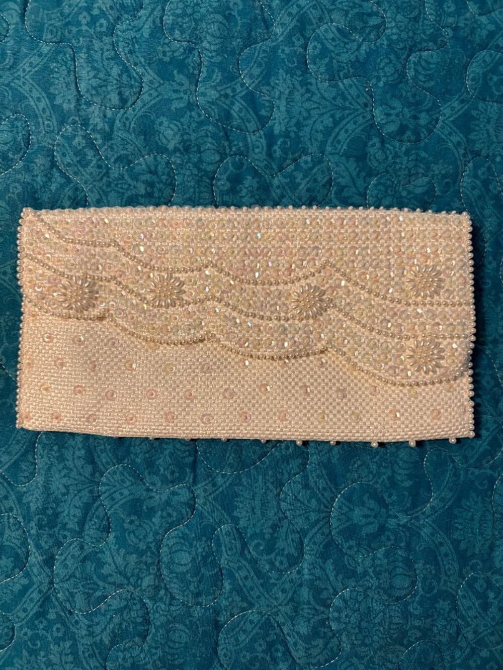 Vintage Ivory Micro Seed Bead Sequin Clutch Hand Made in Japan